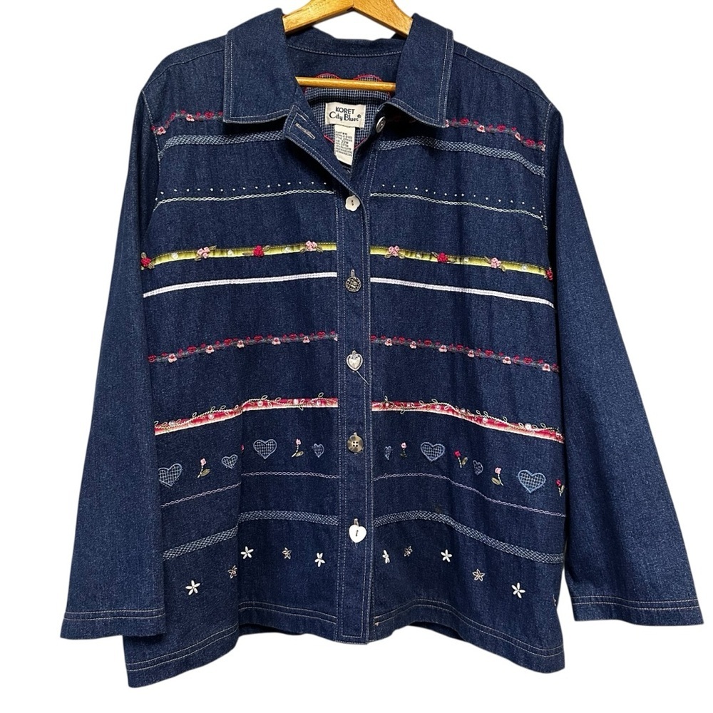 Vintage Denim Embroidered Button Down Shirt Jacket Western Boho Jean Top Sz 22W